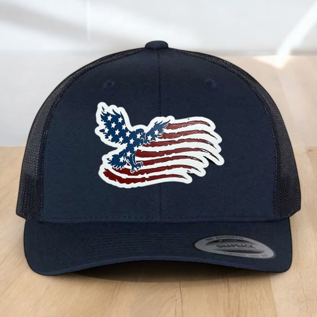 American Flag Custom Trucker Hat, w/ a Engraved Acrylic Flying Eagle USA Flag Patch, One Size Fit Most, USA Dad Gifts, Adjustable Mesh Snapback Closure