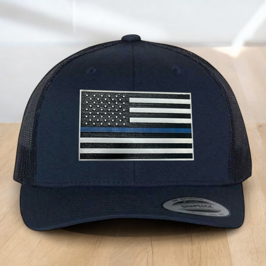 Back The Blue Custom Trucker Hat, Engraved Acrylic Police Blue Line Patch, USA Flag Blue Line Patch, Support the Police Dad Gift, Adjustable Snapback Closure