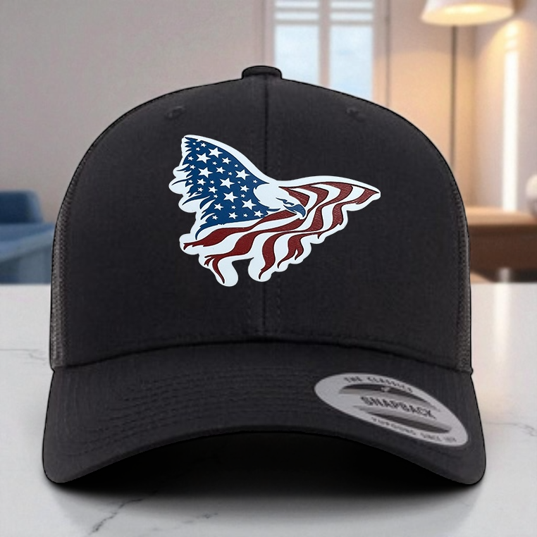 American Flag Custom Trucker Hat, w/ a Engraved Acrylic Eagle USA Flag Patch, One Size Fit Most, USA Dad Gifts, Adjustable Mesh Snapback Closure