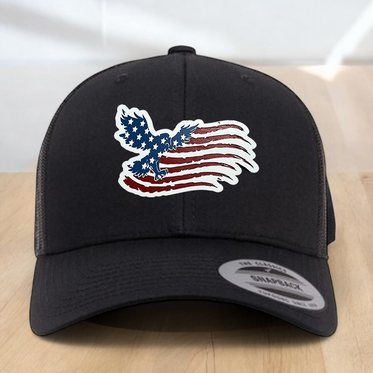 American Flag Custom Trucker Hat, w/ a Engraved Acrylic Flying Eagle USA Flag Patch, One Size Fit Most, USA Dad Gifts, Adjustable Mesh Snapback Closure