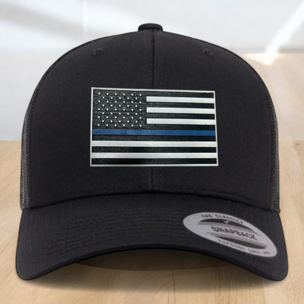 Back The Blue Custom Trucker Hat, Engraved Acrylic Police Blue Line Patch, USA Flag Blue Line Patch, Support the Police Dad Gift, Adjustable Snapback Closure
