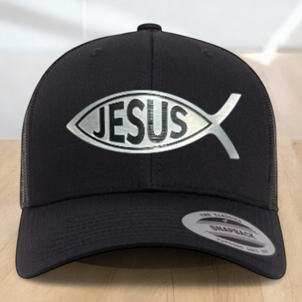Custom Trucker Hat, with a Jesus Fish Engraved Patch, One Size Fit Most, USA Dad Gifts, Adjustable Mesh Snapback Closure