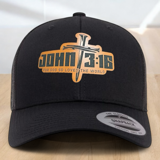 Custom Trucker Hat, with John 3:16 Leatherette Patch, One Size Fit Most, USA Dad Gifts, Adjustable Mesh Snapback Closure