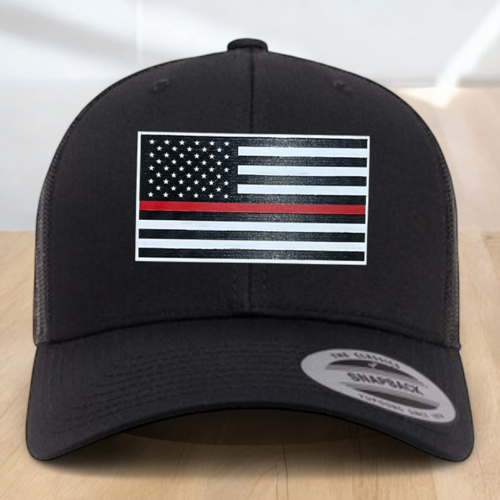 Custom Trucker Hat, Fire Fighter Red Line Hat, Engraved Patch, Support the Fire Fighter, Adjustable Snapback Closure