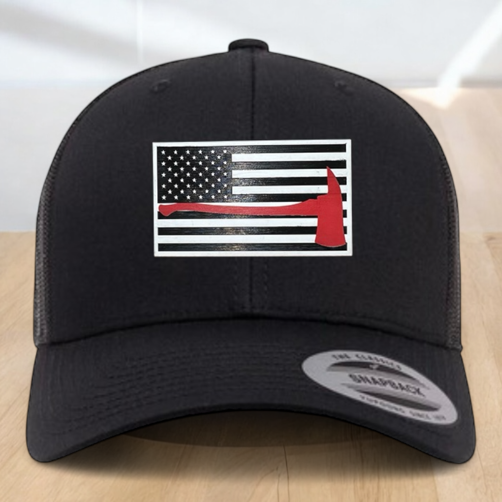 Custom Trucker Hat, Fire Fighter Red Line Axe Hat,  Engraved Acrylic Patch, Support the Fire Fighter, Adjustable Snapback Closure