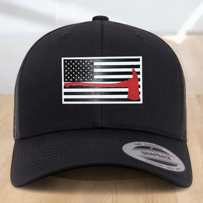 Custom Trucker Hat, Fire Fighter Red Line Axe Hat,  Engraved Acrylic Patch, Support the Fire Fighter, Adjustable Snapback Closure