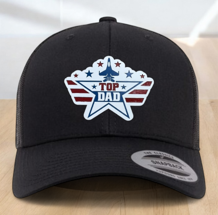American Flag Custom Trucker Hat, w/ a Engraved Acrylic Top Dad Patch, One Size Fit Most, USA Dad Gifts, Adjustable Mesh Snapback Closure