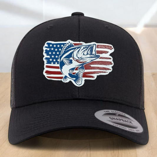 American Flag Custom Trucker Hat, w/ a Engraved Acrylic Bass Fish Patch, One Size Fit Most, USA Dad Gifts, Adjustable Mesh Snapback Closure