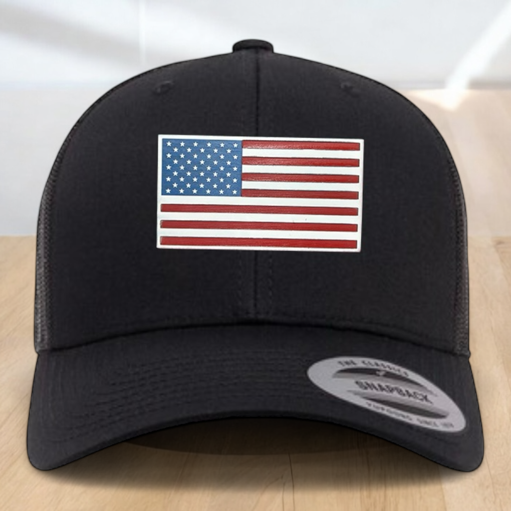 American Flag Custom Trucker Hat, Engraved Acrylic Red White & Blue Flag Patch, USA Flag Patch, One Size Fit Most, USA Dad Gifts, Adjustable Mesh Snapback Closure