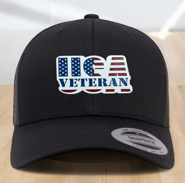 American Flag Custom Trucker Hat, w/ a Engraved Acrylic USA Veteran Flag Patch, One Size Fit Most, USA Dad Gifts, Adjustable Mesh Snapback Closure