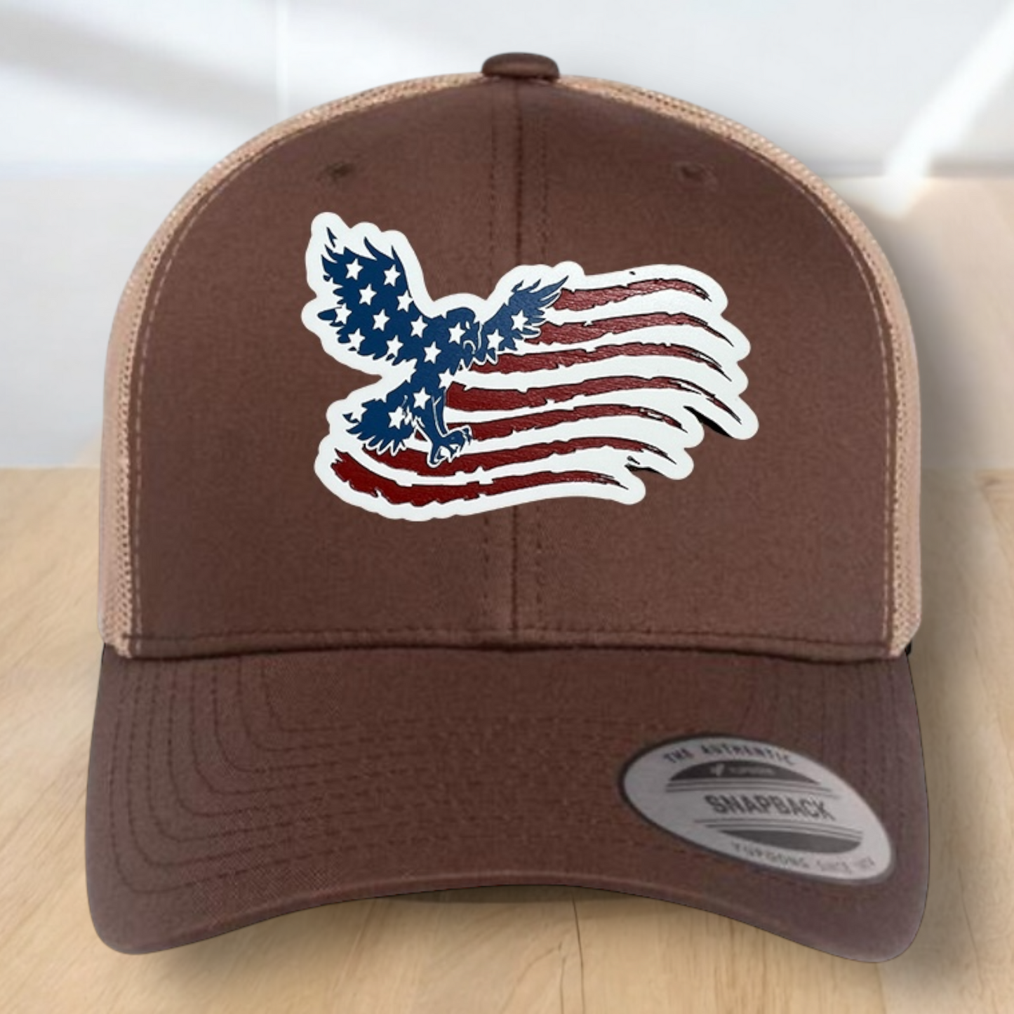 American Flag Custom Trucker Hat, w/ a Engraved Acrylic Flying Eagle USA Flag Patch, One Size Fit Most, USA Dad Gifts, Adjustable Mesh Snapback Closure