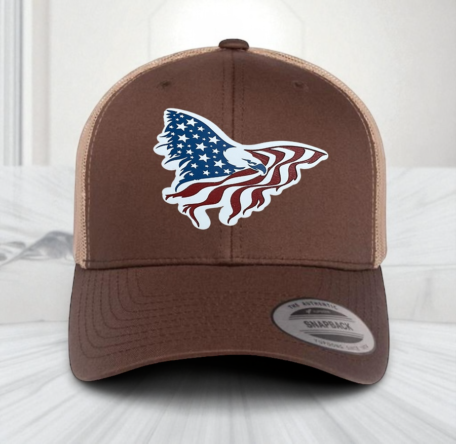 American Flag Custom Trucker Hat, w/ a Engraved Acrylic Eagle USA Flag Patch, One Size Fit Most, USA Dad Gifts, Adjustable Mesh Snapback Closure