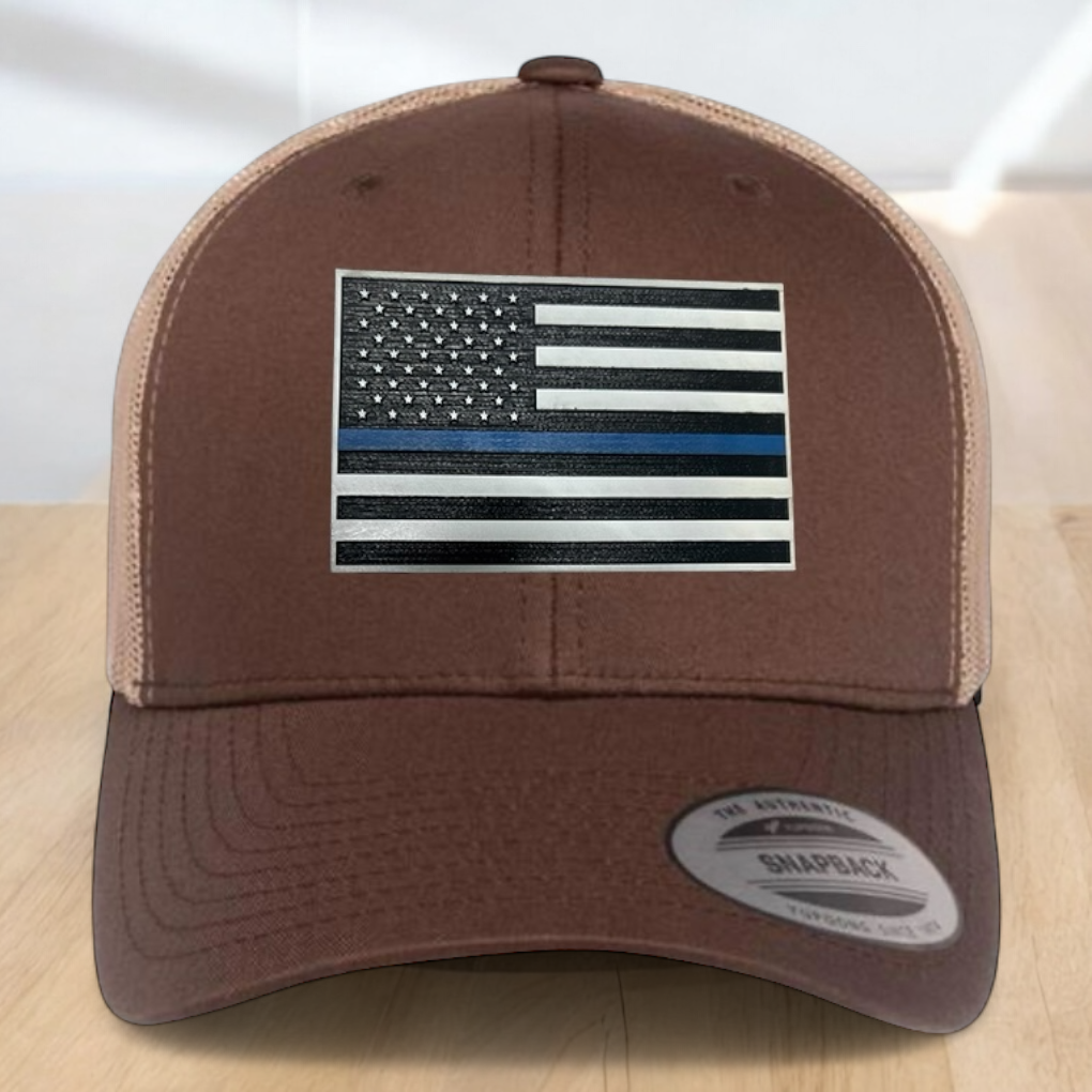 Back The Blue Custom Trucker Hat, Engraved Acrylic Police Blue Line Patch, USA Flag Blue Line Patch, Support the Police Dad Gift, Adjustable Snapback Closure