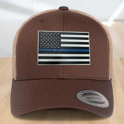 Back The Blue Custom Trucker Hat, Engraved Acrylic Police Blue Line Patch, USA Flag Blue Line Patch, Support the Police Dad Gift, Adjustable Snapback Closure