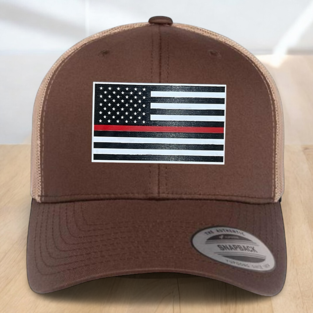 Custom Trucker Hat, Fire Fighter Red Line Hat, Engraved Patch, Support the Fire Fighter, Adjustable Snapback Closure