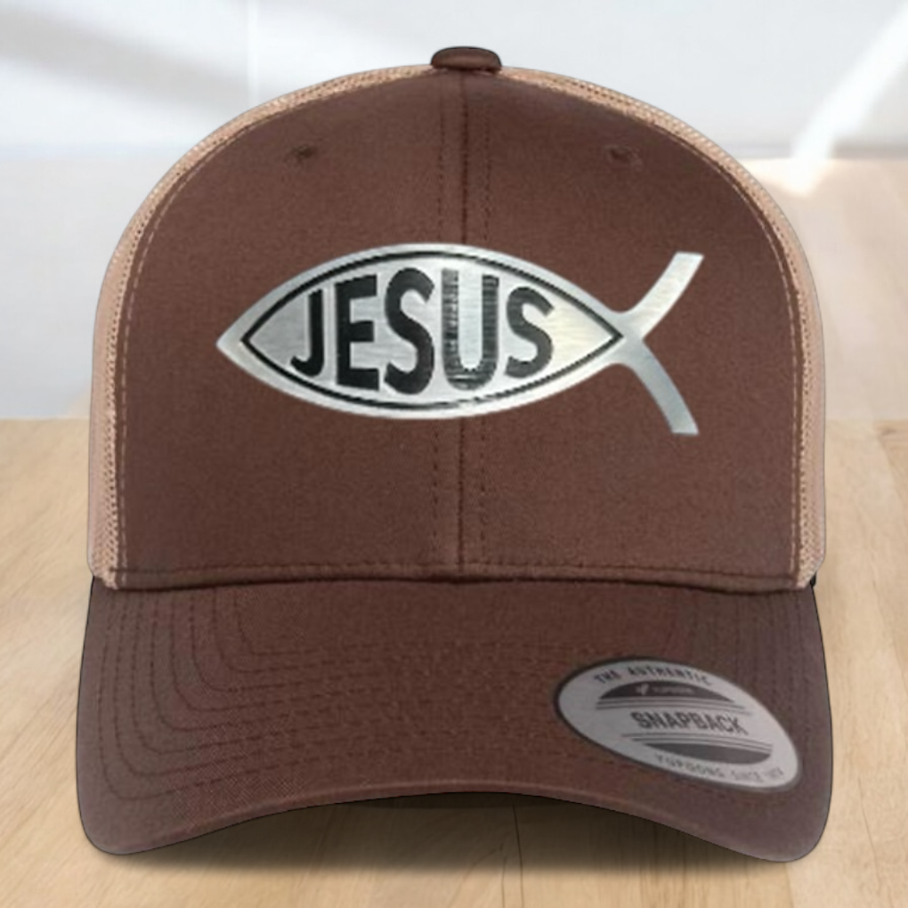 Custom Trucker Hat, with a Jesus Fish Engraved Patch, One Size Fit Most, USA Dad Gifts, Adjustable Mesh Snapback Closure