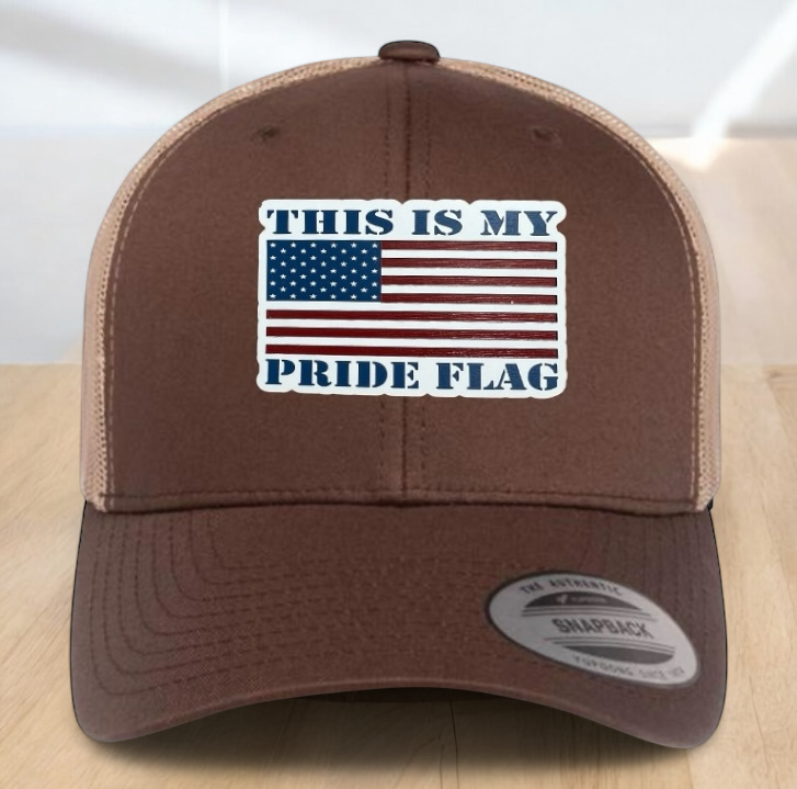 "This Is My Pride Flag" Custom Trucker Hat, w/ an Engraved Acrylic USA Flag Patch, One SizeFit Most, USA Dad Gifts, Adjustable Mesh Snapback Closure