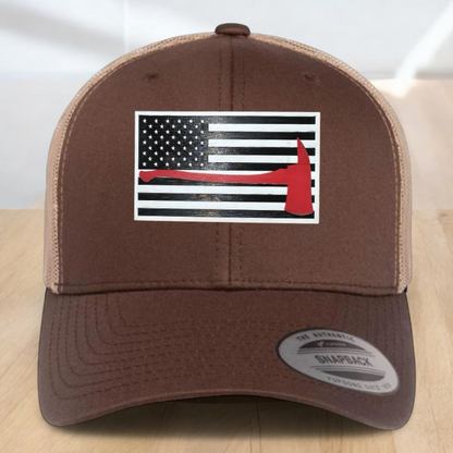 Custom Trucker Hat, Fire Fighter Red Line Axe Hat,  Engraved Acrylic Patch, Support the Fire Fighter, Adjustable Snapback Closure