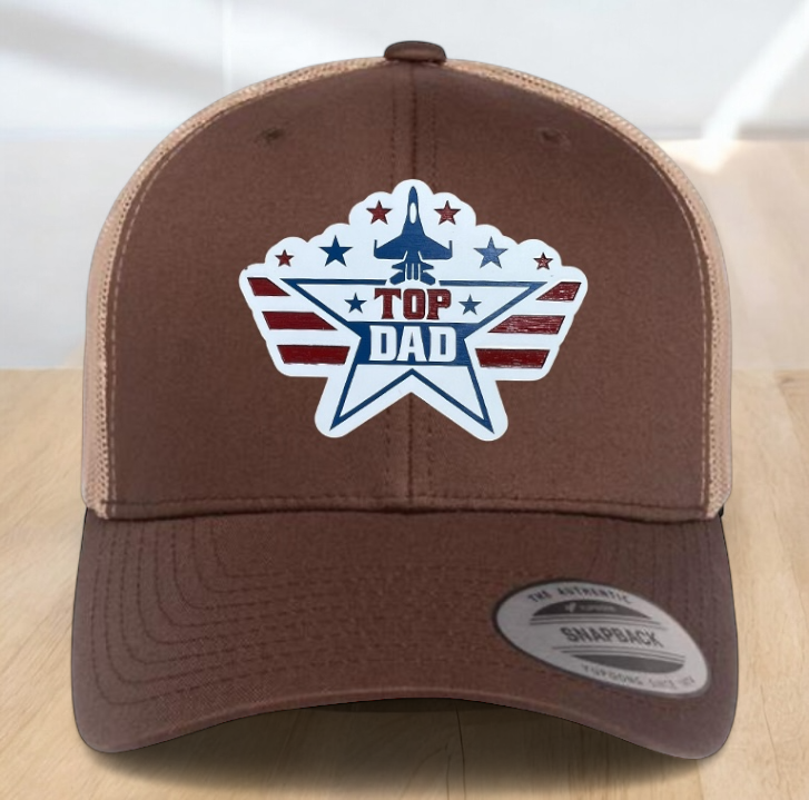 American Flag Custom Trucker Hat, w/ a Engraved Acrylic Top Dad Patch, One Size Fit Most, USA Dad Gifts, Adjustable Mesh Snapback Closure