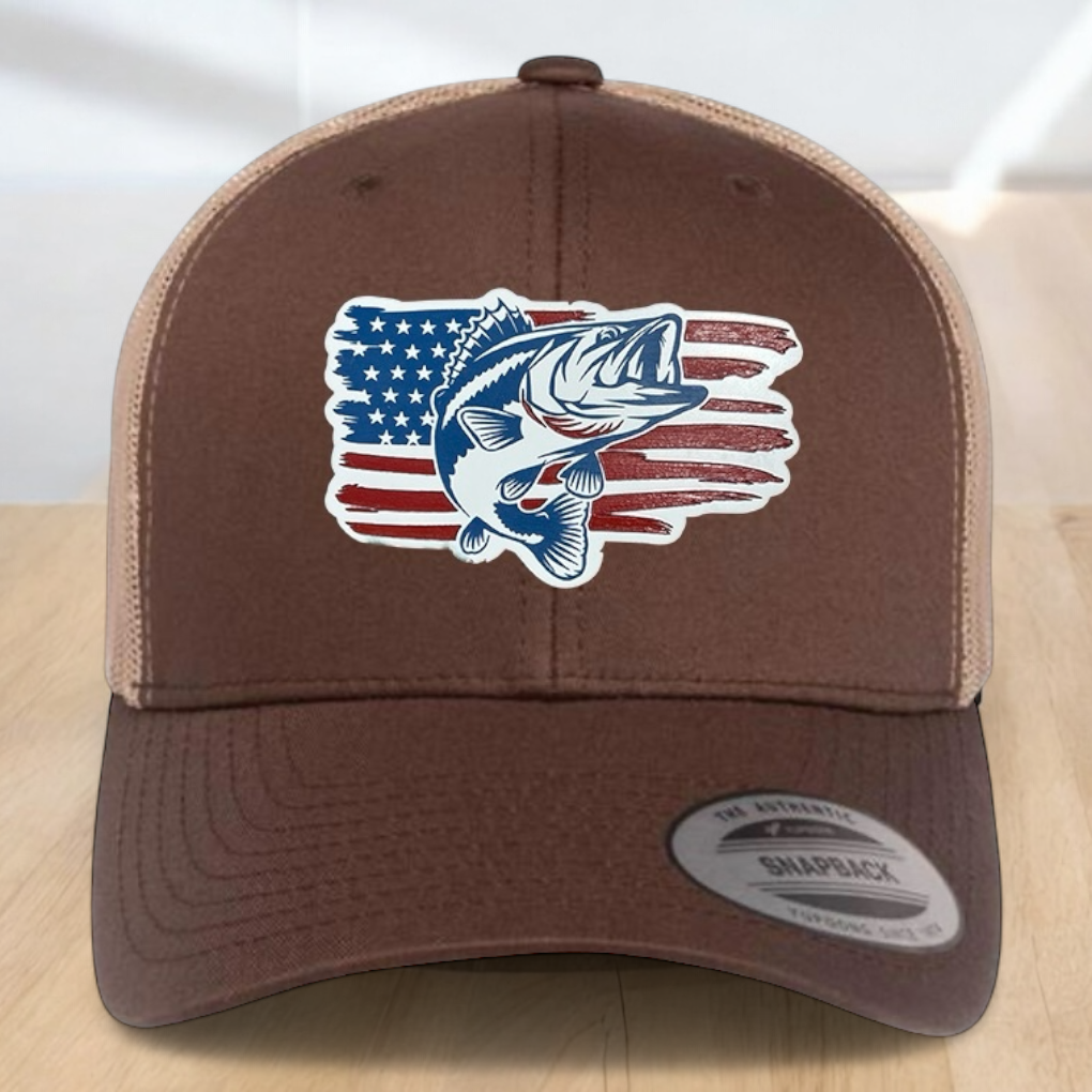 American Flag Custom Trucker Hat, w/ a Engraved Acrylic Bass Fish Patch, One Size Fit Most, USA Dad Gifts, Adjustable Mesh Snapback Closure