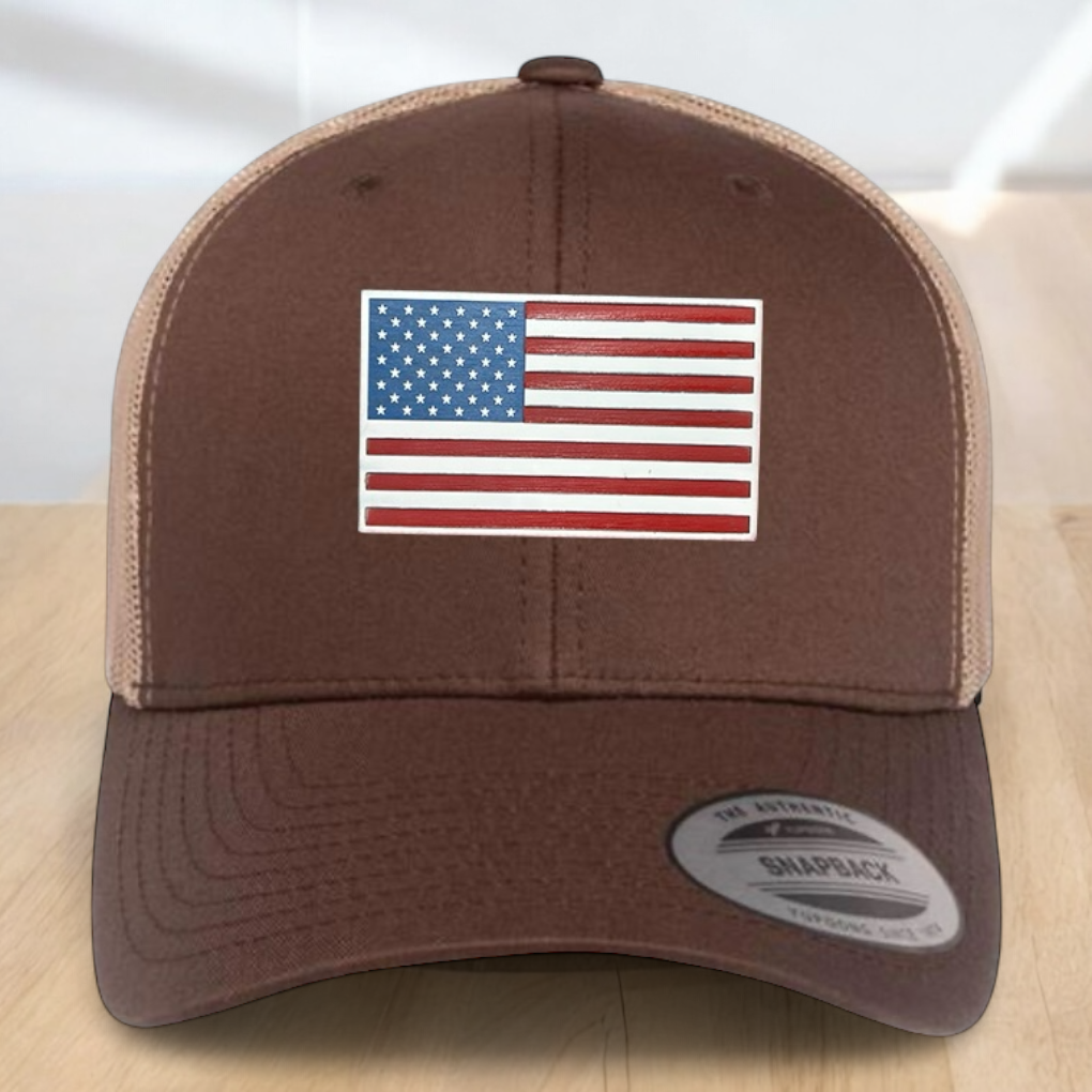American Flag Custom Trucker Hat, Engraved Acrylic Red White & Blue Flag Patch, USA Flag Patch, One Size Fit Most, USA Dad Gifts, Adjustable Mesh Snapback Closure
