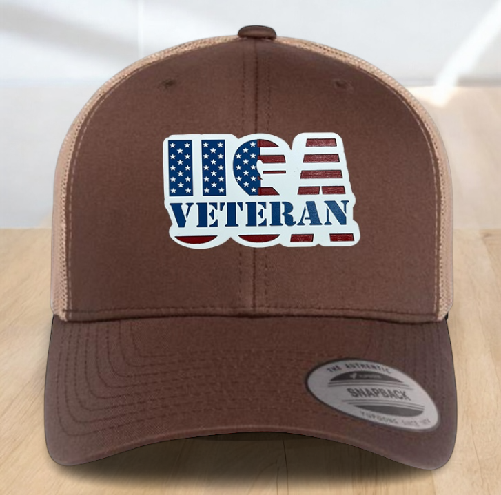 American Flag Custom Trucker Hat, w/ a Engraved Acrylic USA Veteran Flag Patch, One Size Fit Most, USA Dad Gifts, Adjustable Mesh Snapback Closure