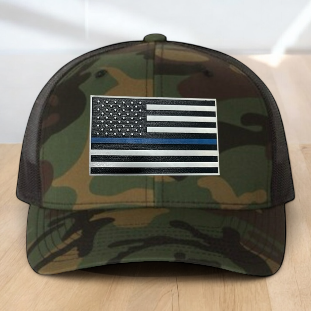 Back The Blue Custom Trucker Hat, Engraved Acrylic Police Blue Line Patch, USA Flag Blue Line Patch, Support the Police Dad Gift, Adjustable Snapback Closure