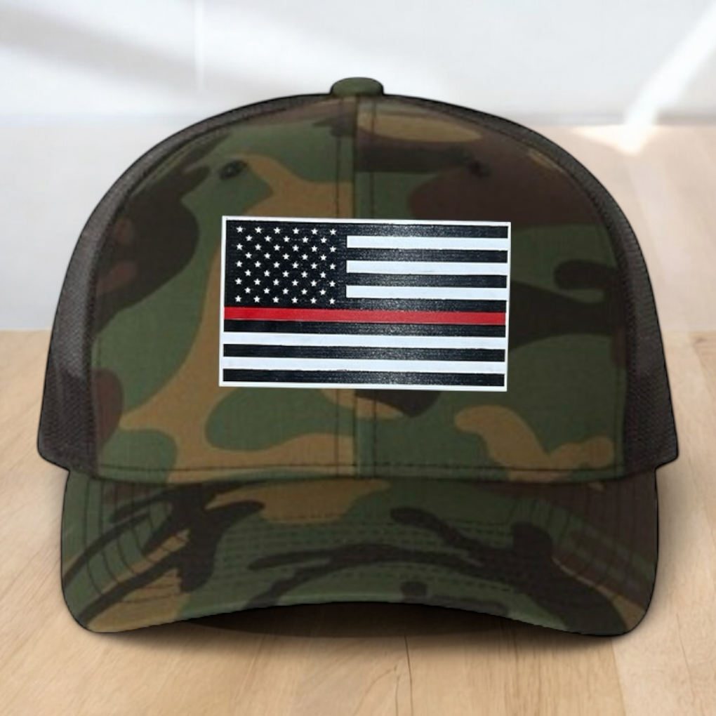 Custom Trucker Hat, Fire Fighter Red Line Hat, Engraved Patch, Support the Fire Fighter, Adjustable Snapback Closure