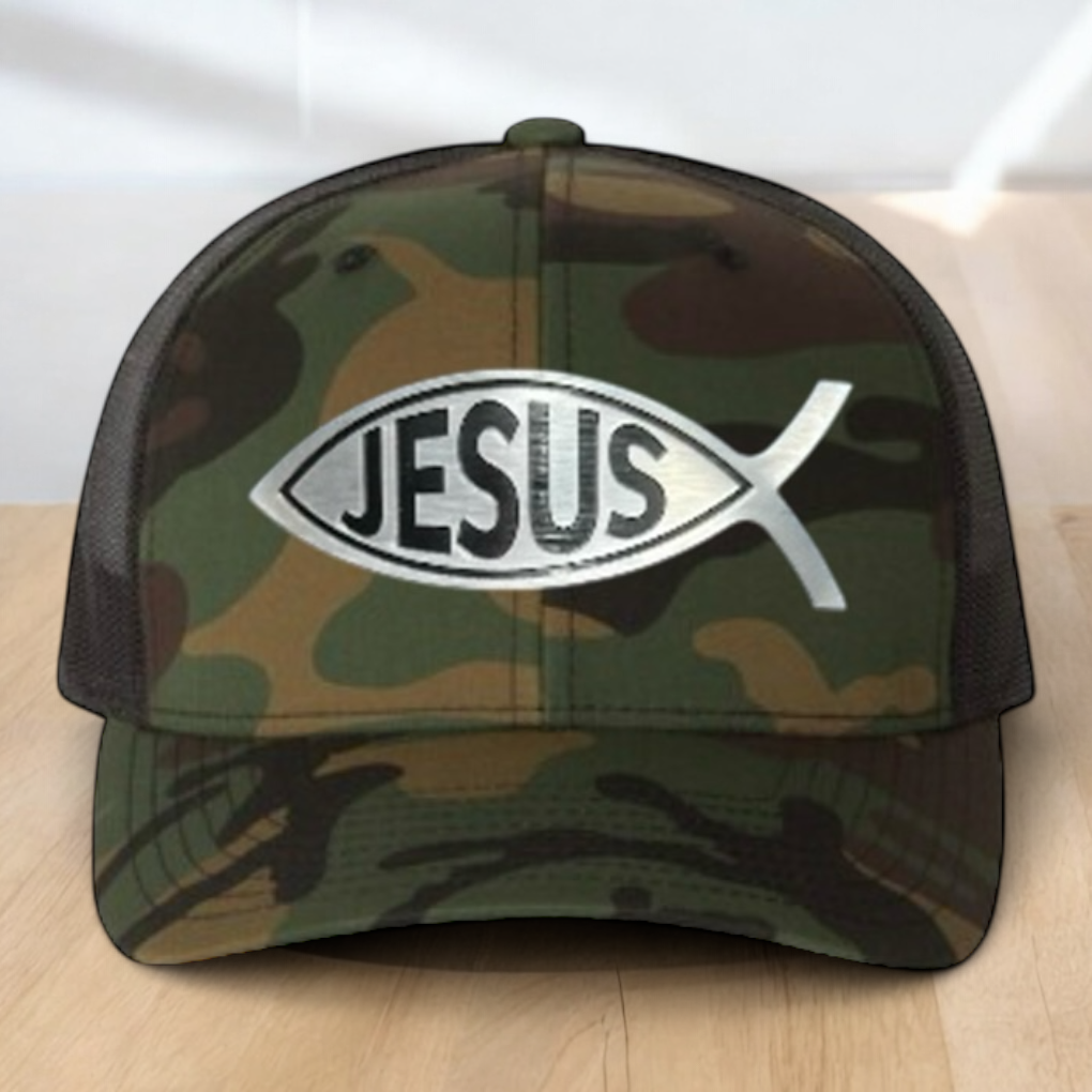 Custom Trucker Hat, with a Jesus Fish Engraved Patch, One Size Fit Most, USA Dad Gifts, Adjustable Mesh Snapback Closure