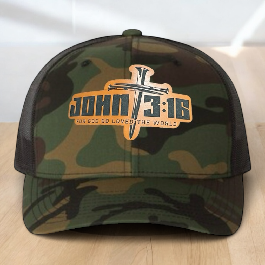 Custom Trucker Hat, with John 3:16 Leatherette Patch, One Size Fit Most, USA Dad Gifts, Adjustable Mesh Snapback Closure