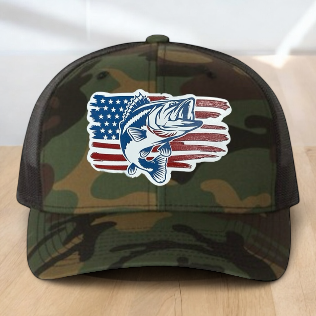 American Flag Custom Trucker Hat, w/ a Engraved Acrylic Bass Fish Patch, One Size Fit Most, USA Dad Gifts, Adjustable Mesh Snapback Closure