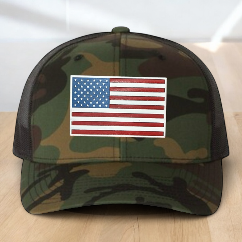 American Flag Custom Trucker Hat, Engraved Acrylic Red White & Blue Flag Patch, USA Flag Patch, One Size Fit Most, USA Dad Gifts, Adjustable Mesh Snapback Closure