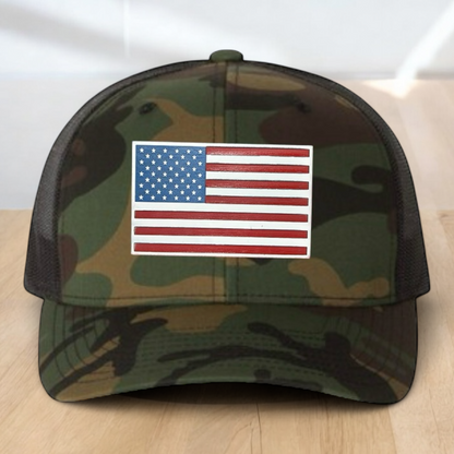American Flag Custom Trucker Hat, Engraved Acrylic Red White & Blue Flag Patch, USA Flag Patch, One Size Fit Most, USA Dad Gifts, Adjustable Mesh Snapback Closure