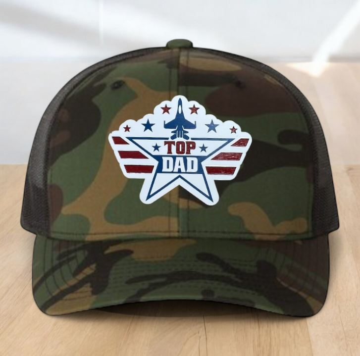 American Flag Custom Trucker Hat, w/ a Engraved Acrylic Top Dad Patch, One Size Fit Most, USA Dad Gifts, Adjustable Mesh Snapback Closure