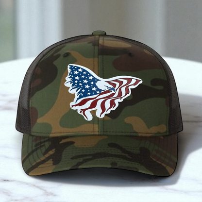 American Flag Custom Trucker Hat, w/ a Engraved Acrylic Eagle USA Flag Patch, One Size Fit Most, USA Dad Gifts, Adjustable Mesh Snapback Closure
