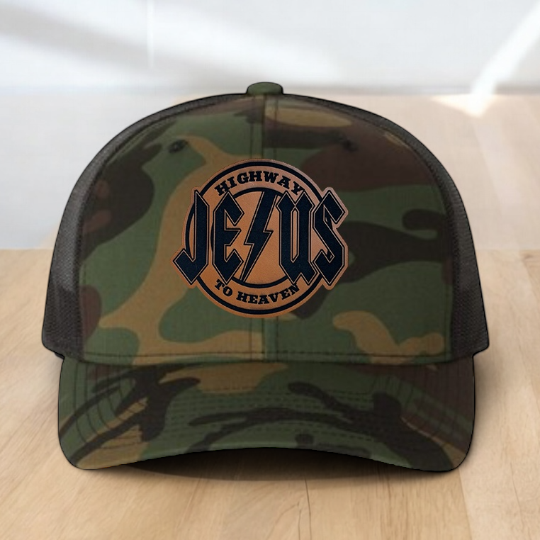 Christian Trucker Hat, Jesus Highway To Heaven Trucker Hat, Leatherette Patch Snapback Closure