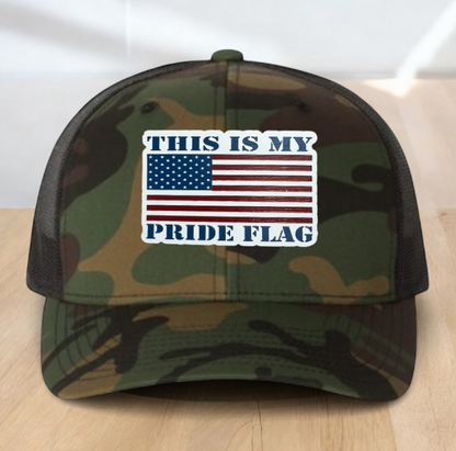 "This Is My Pride Flag" Custom Trucker Hat, w/ an Engraved Acrylic USA Flag Patch, One SizeFit Most, USA Dad Gifts, Adjustable Mesh Snapback Closure