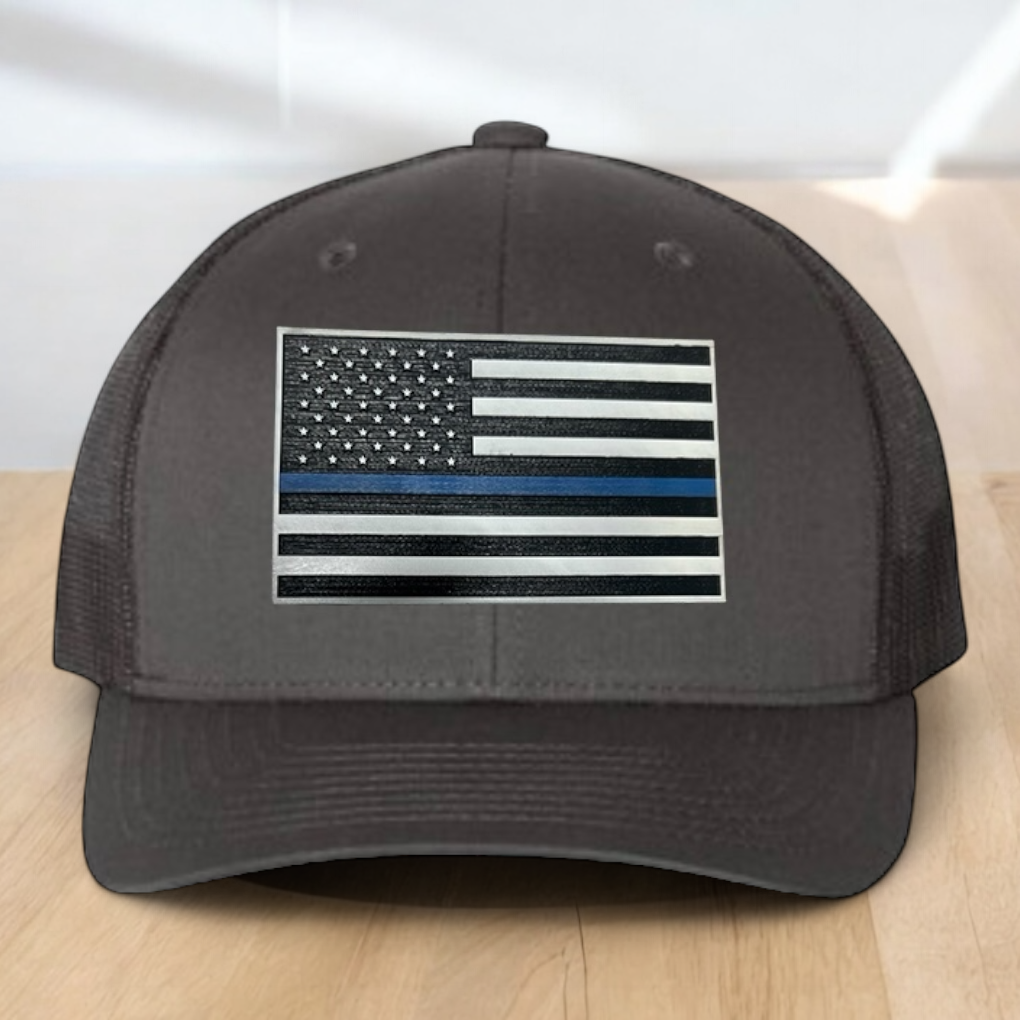 Back The Blue Custom Trucker Hat, Engraved Acrylic Police Blue Line Patch, USA Flag Blue Line Patch, Support the Police Dad Gift, Adjustable Snapback Closure