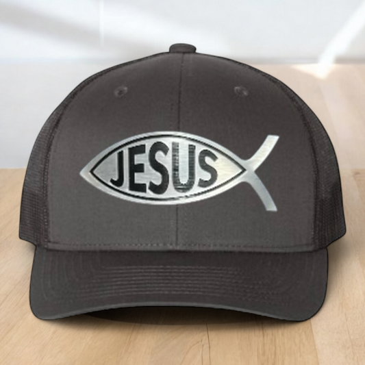Custom Trucker Hat, with a Jesus Fish Engraved Patch, One Size Fit Most, USA Dad Gifts, Adjustable Mesh Snapback Closure