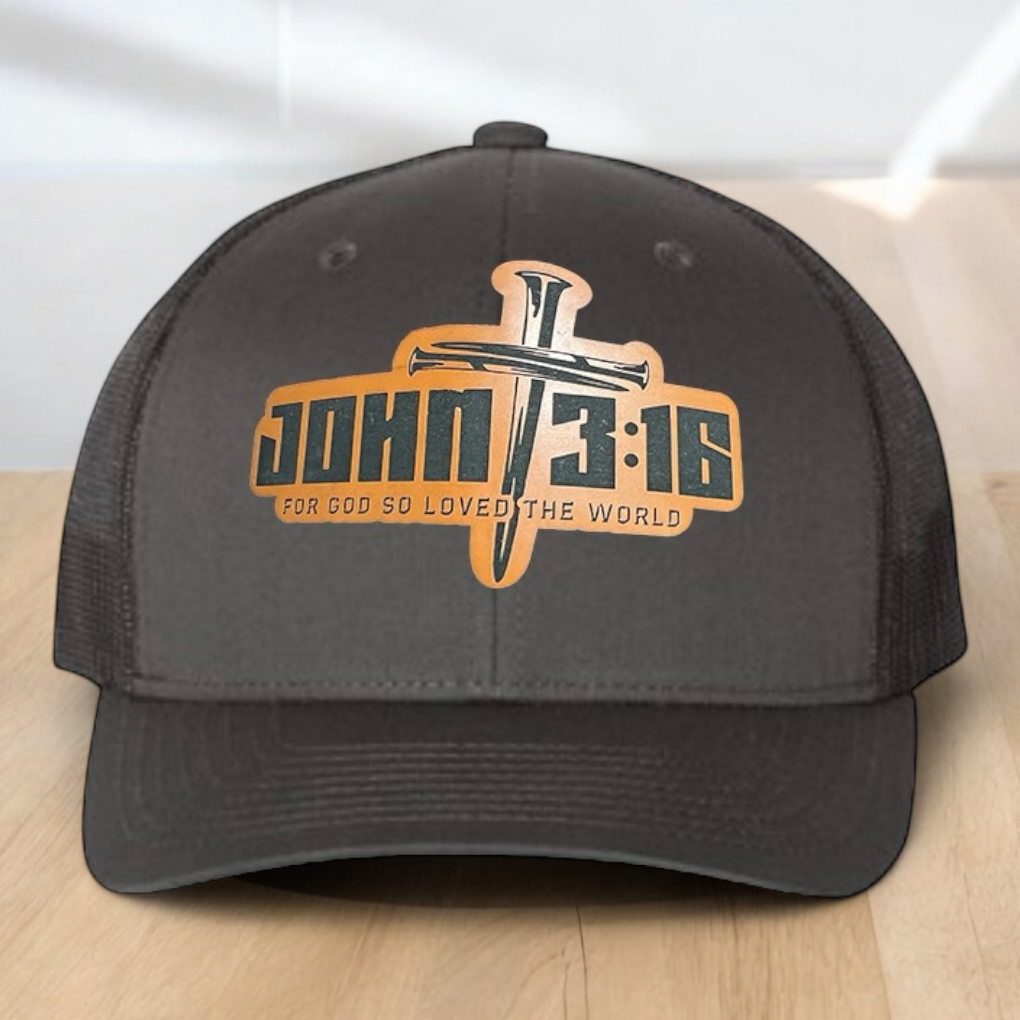 Custom Trucker Hat, with John 3:16 Leatherette Patch, One Size Fit Most, USA Dad Gifts, Adjustable Mesh Snapback Closure
