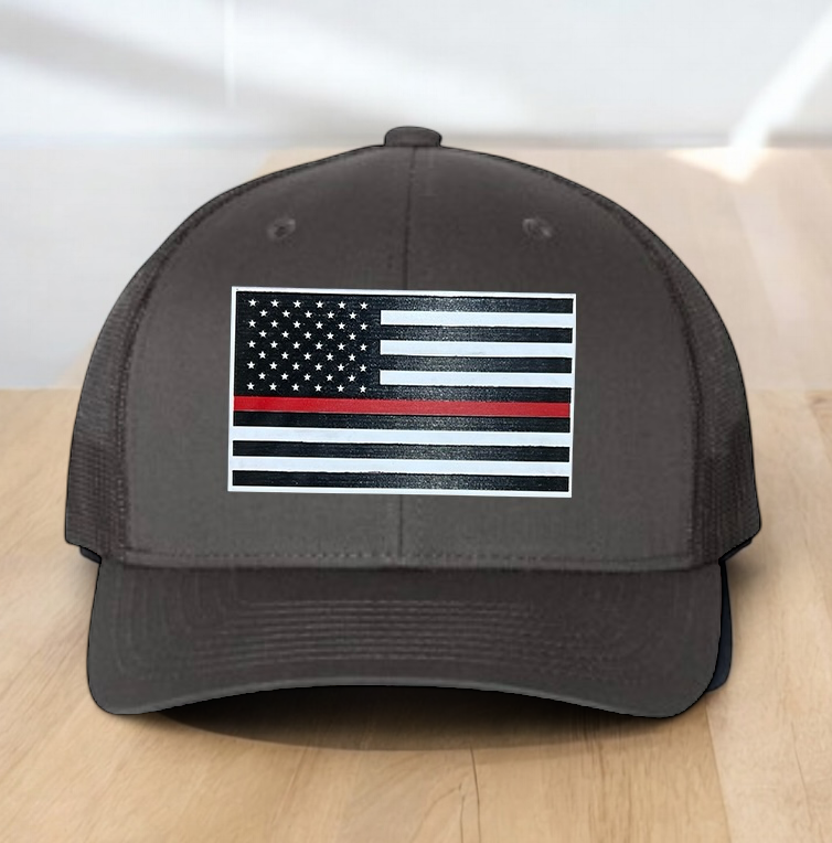 Custom Trucker Hat, Fire Fighter Red Line Hat, Engraved Patch, Support the Fire Fighter, Adjustable Snapback Closure