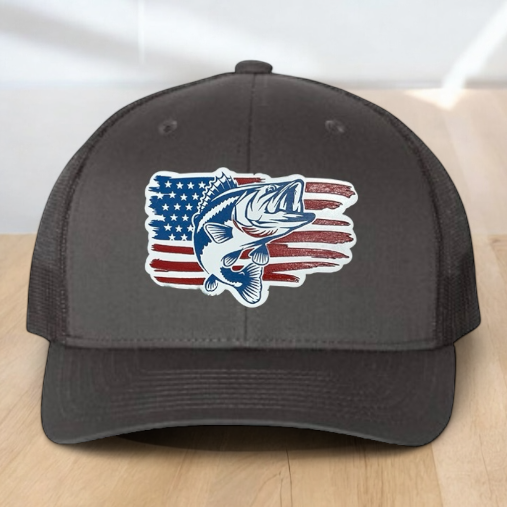 American Flag Custom Trucker Hat, w/ a Engraved Acrylic Bass Fish Patch, One Size Fit Most, USA Dad Gifts, Adjustable Mesh Snapback Closure