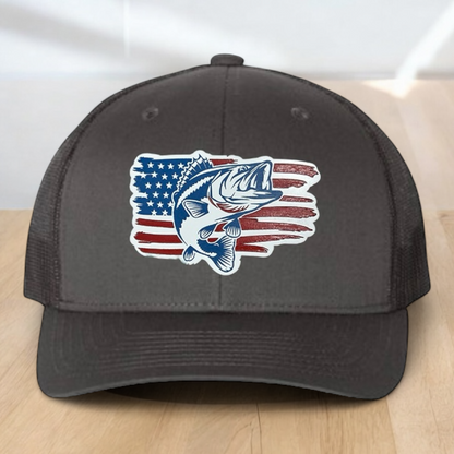 American Flag Custom Trucker Hat, w/ a Engraved Acrylic Bass Fish Patch, One Size Fit Most, USA Dad Gifts, Adjustable Mesh Snapback Closure