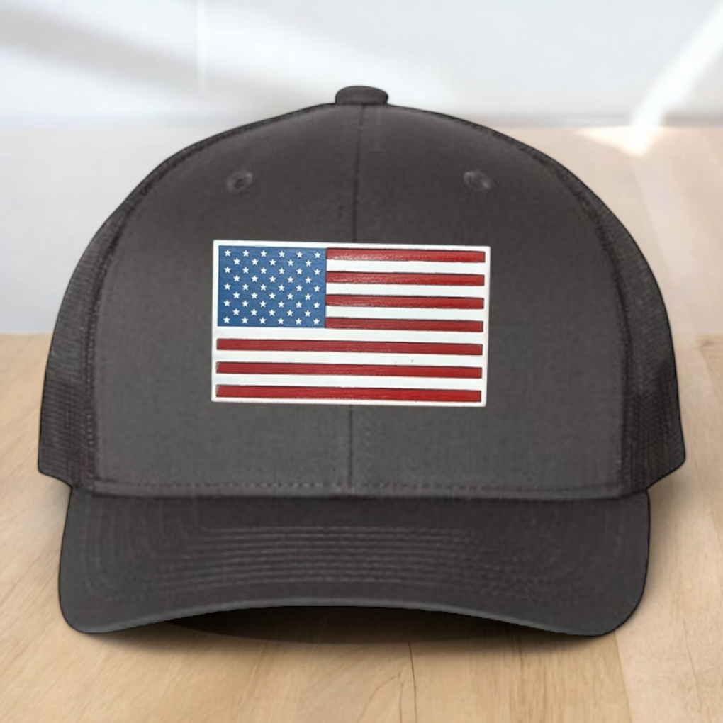 American Flag Custom Trucker Hat, Engraved Acrylic Red White & Blue Flag Patch, USA Flag Patch, One Size Fit Most, USA Dad Gifts, Adjustable Mesh Snapback Closure
