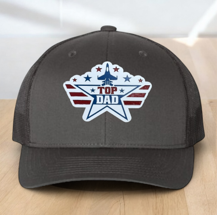 American Flag Custom Trucker Hat, w/ a Engraved Acrylic Top Dad Patch, One Size Fit Most, USA Dad Gifts, Adjustable Mesh Snapback Closure