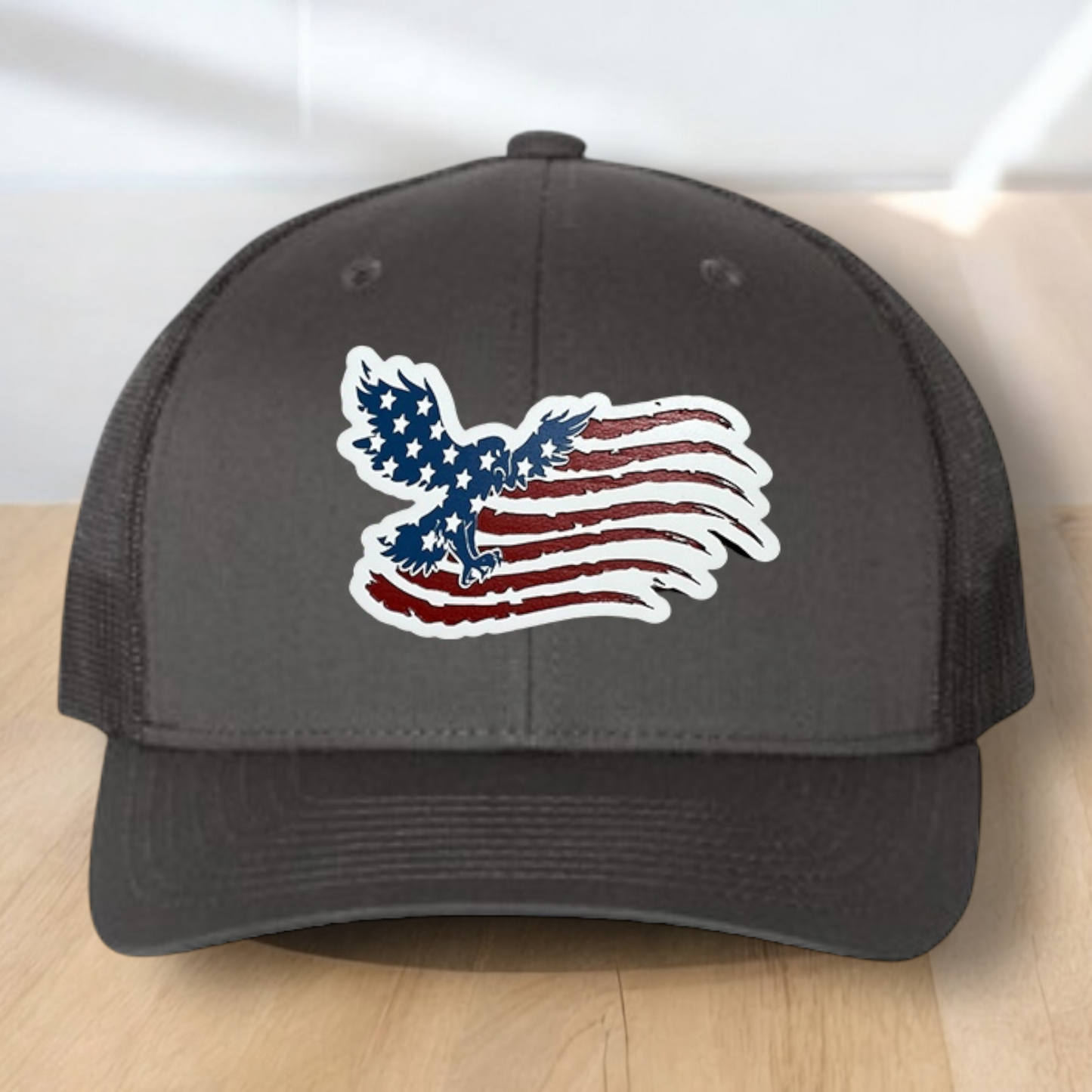 American Flag Custom Trucker Hat, w/ a Engraved Acrylic Flying Eagle USA Flag Patch, One Size Fit Most, USA Dad Gifts, Adjustable Mesh Snapback Closure