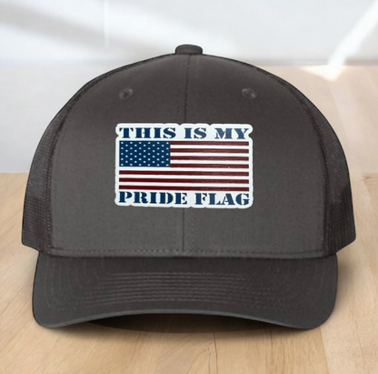 "This Is My Pride Flag" Custom Trucker Hat, w/ an Engraved Acrylic USA Flag Patch, One SizeFit Most, USA Dad Gifts, Adjustable Mesh Snapback Closure