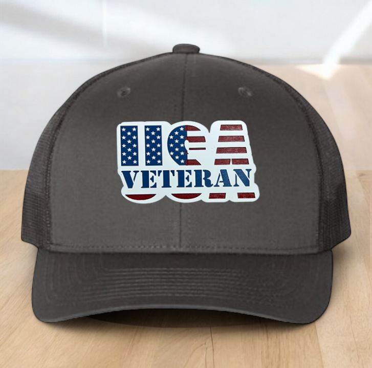American Flag Custom Trucker Hat, w/ a Engraved Acrylic USA Veteran Flag Patch, One Size Fit Most, USA Dad Gifts, Adjustable Mesh Snapback Closure
