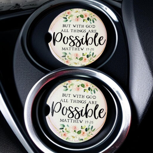 Christian Ceramic Car Coasters – Matthew 19:26 Floral Design (Set of 2) __etsy:8145935492