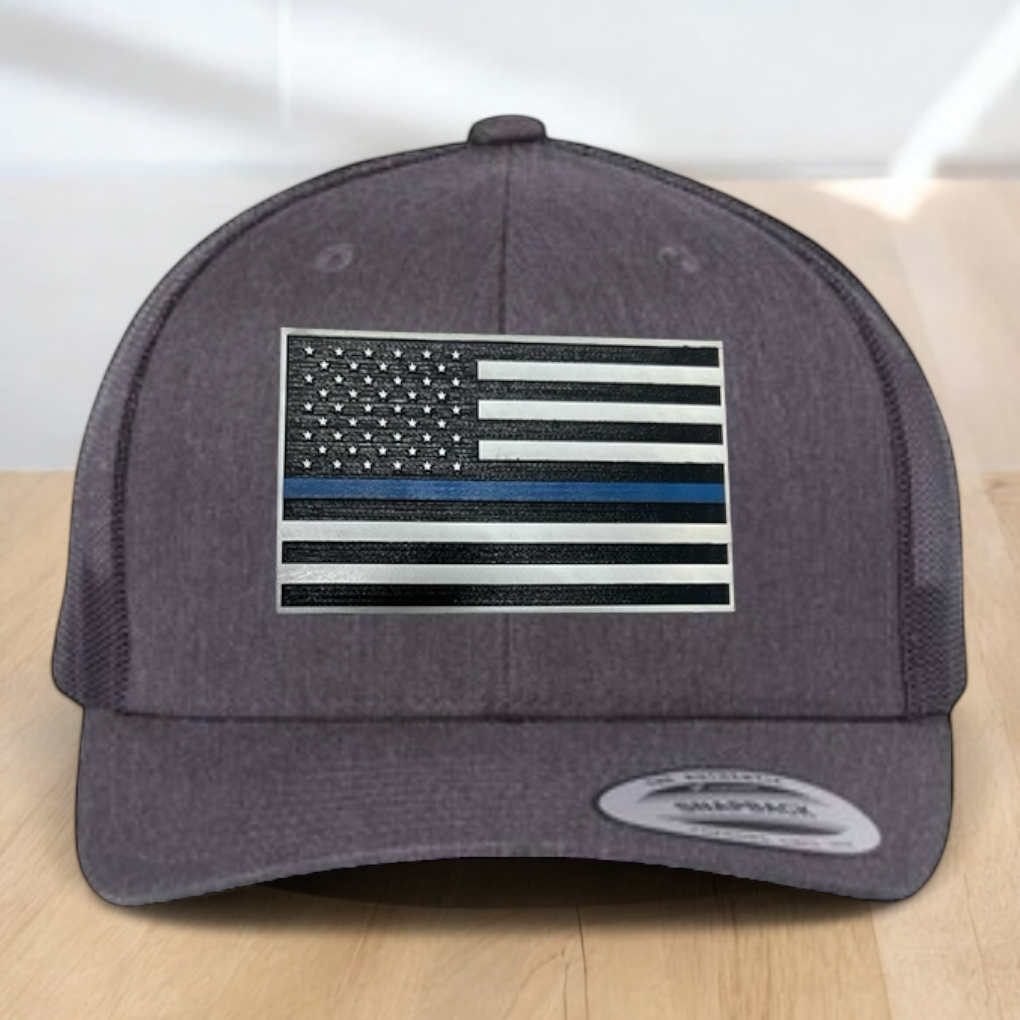 Back The Blue Custom Trucker Hat, Engraved Acrylic Police Blue Line Patch, USA Flag Blue Line Patch, Support the Police Dad Gift, Adjustable Snapback Closure
